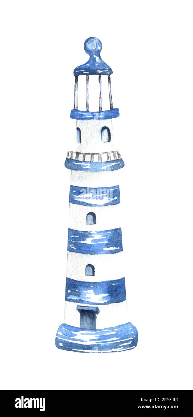 Fond aquarelle avec illustration du phare. Phare bleu décoratif Banque D'Images