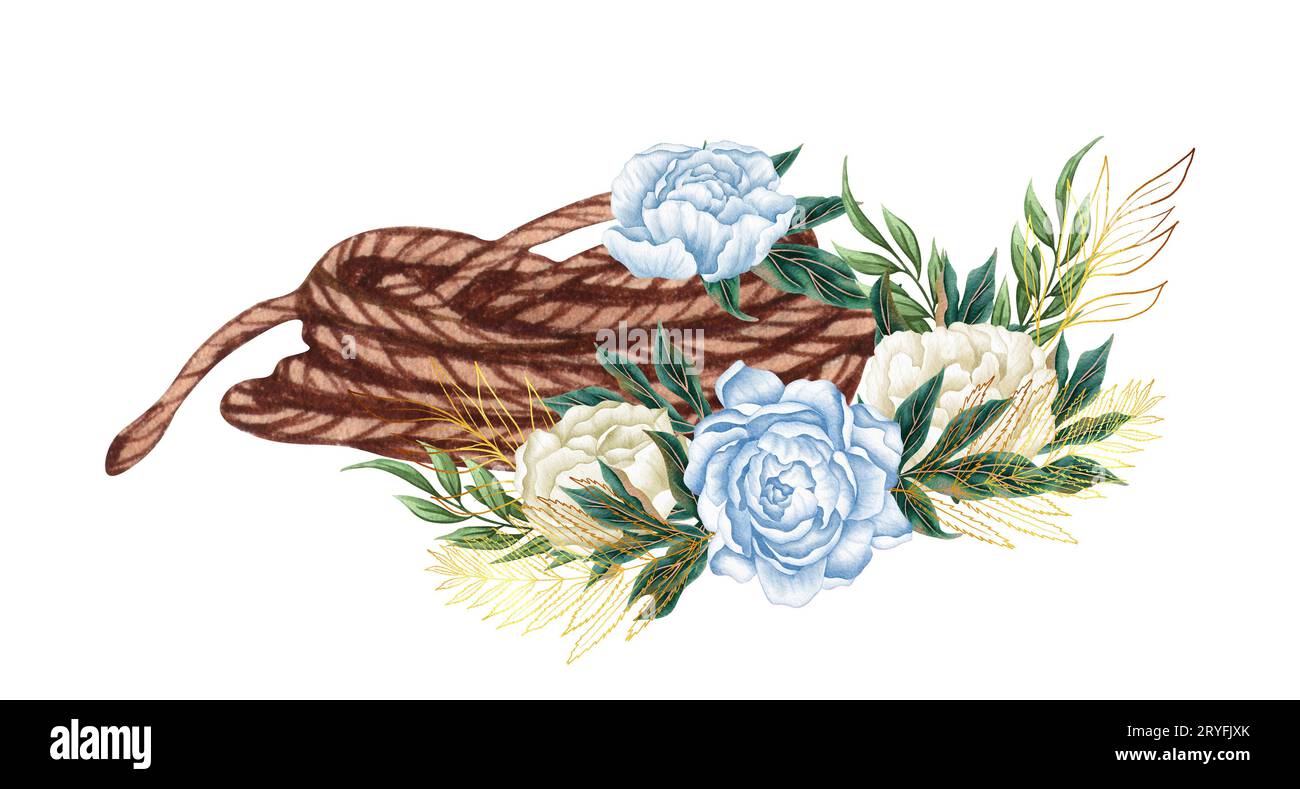 Aquarelle dessinée à la main nautique, marine, illustration florale avec arrangement de bouquet de corde et de fleur Banque D'Images