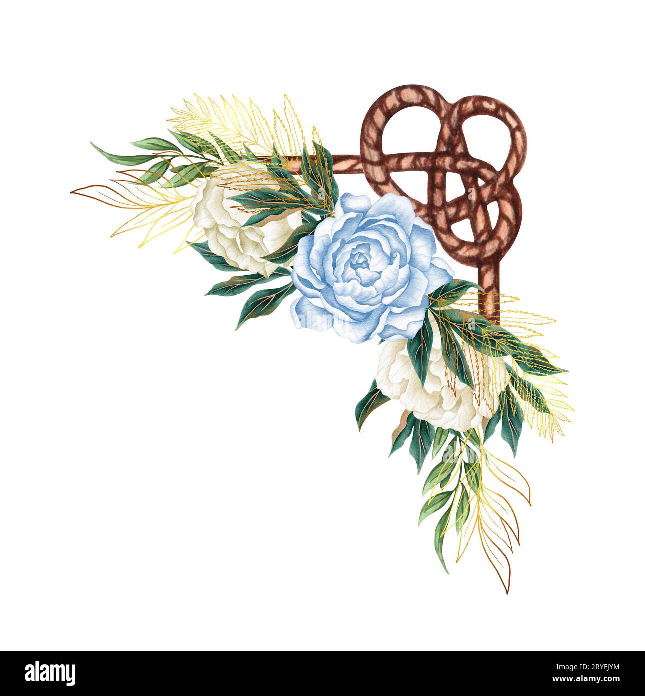 Aquarelle dessinée à la main nautique, marine, illustration florale avec arrangement de bouquet de corde et de fleur Banque D'Images