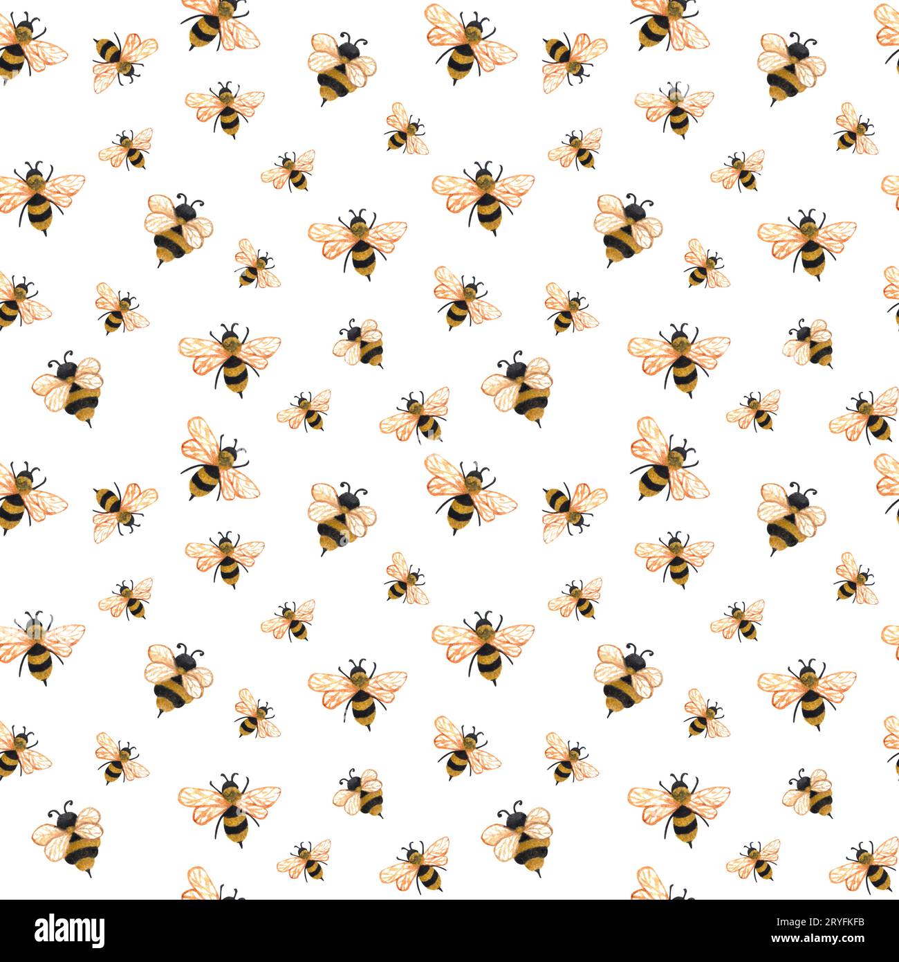 Motif sans couture de miel d'aquarelle avec abeille. Fond de repeten dessiné à la main avec des abeilles mellifères sur blanc Banque D'Images