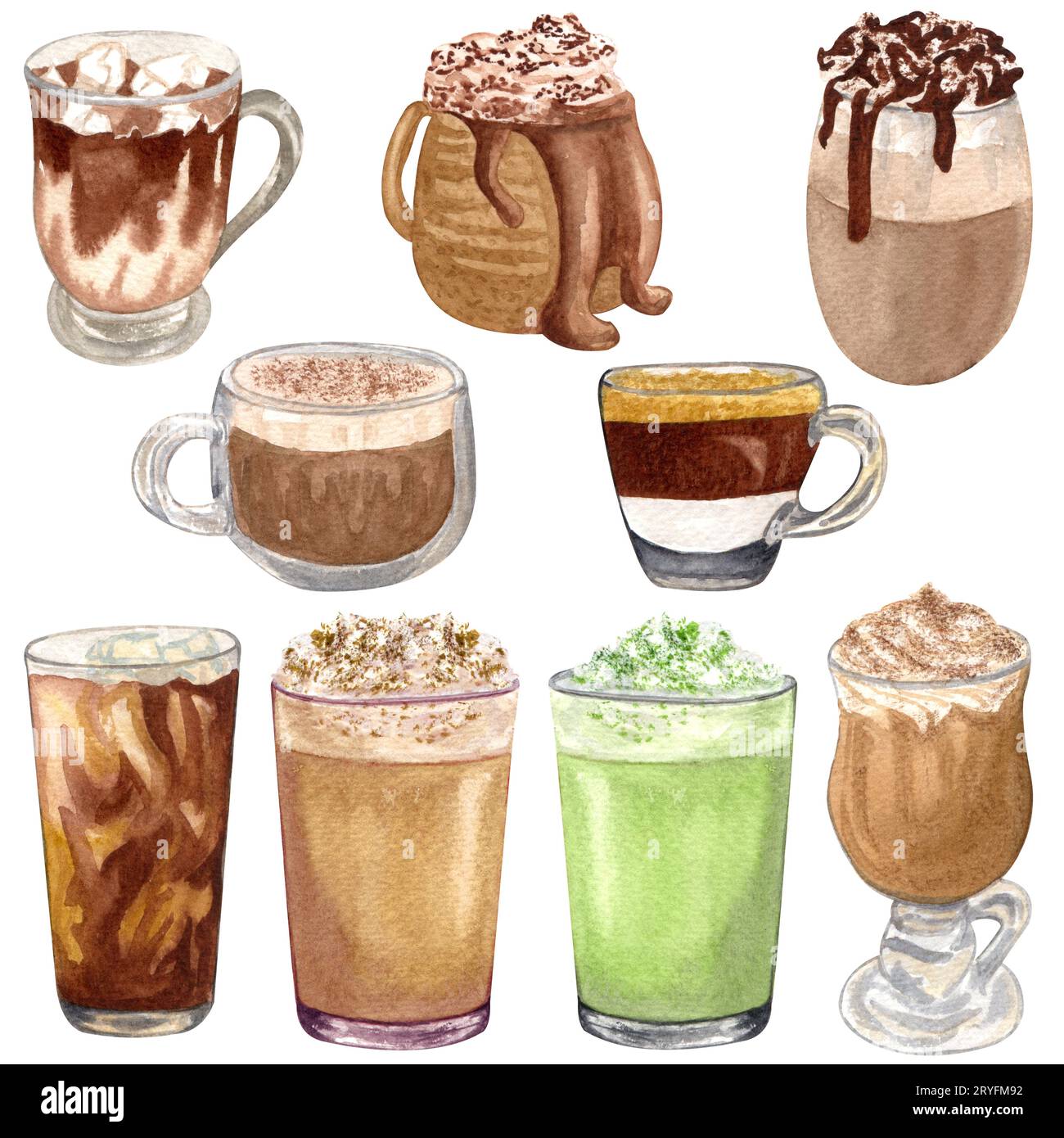 Set de café aquarelle avec différentes boissons chaudes. latte, espresso, cappuccino, café glacé, matcha latte, chocolat chaud, caramele Banque D'Images Set de café aquarelle avec différentes boissons chaudes. latte, espresso, cappuccino, café glacé, matcha latte, chocolat chaud, caramele Banque D'Images