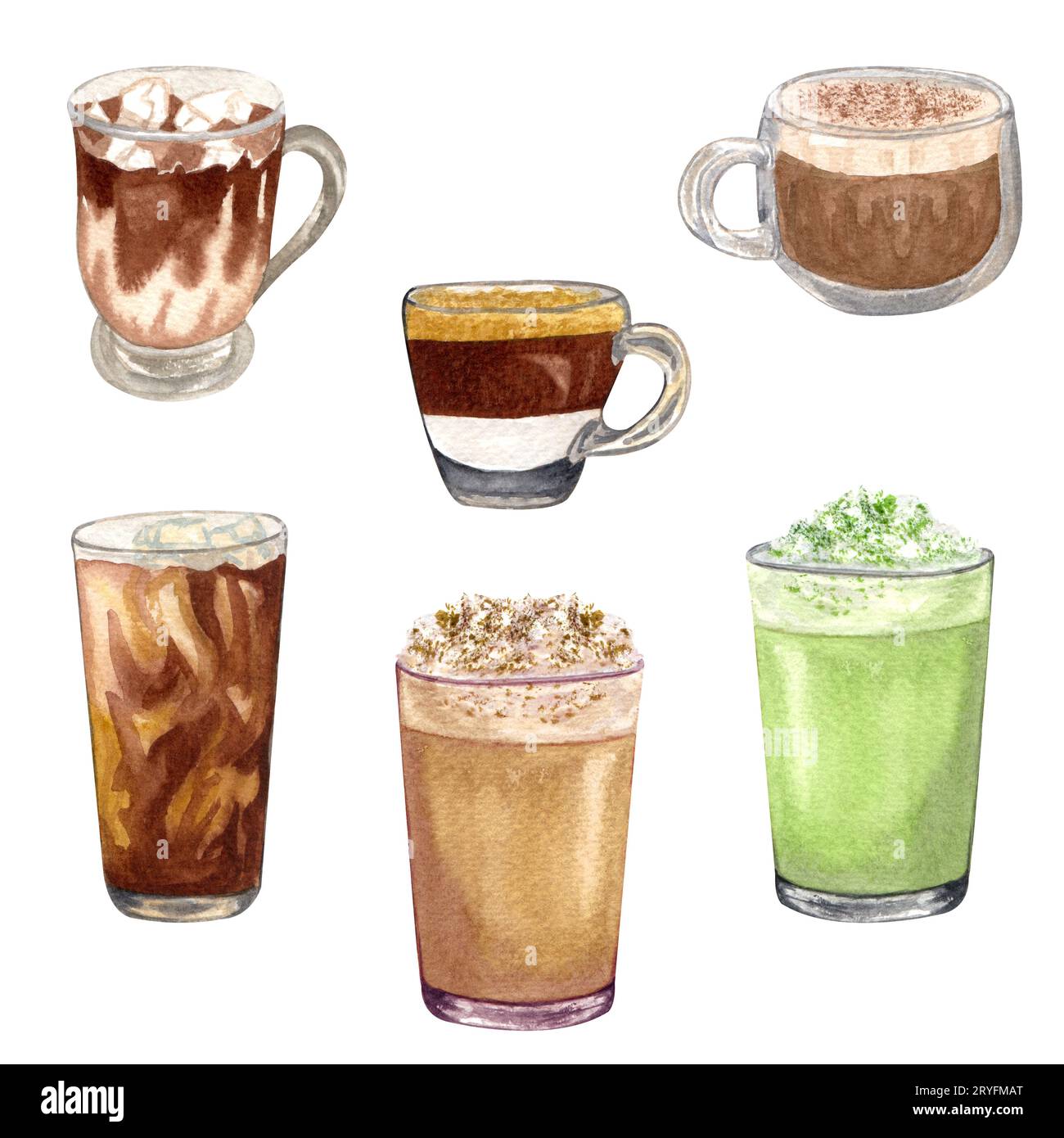 Set de café aquarelle avec différentes boissons chaudes. latte, espresso, cappuccino, café glacé, matcha latte, chocolat chaud, caramele Banque D'Images Set de café aquarelle avec différentes boissons chaudes. latte, espresso, cappuccino, café glacé, matcha latte, chocolat chaud, caramele Banque D'Images