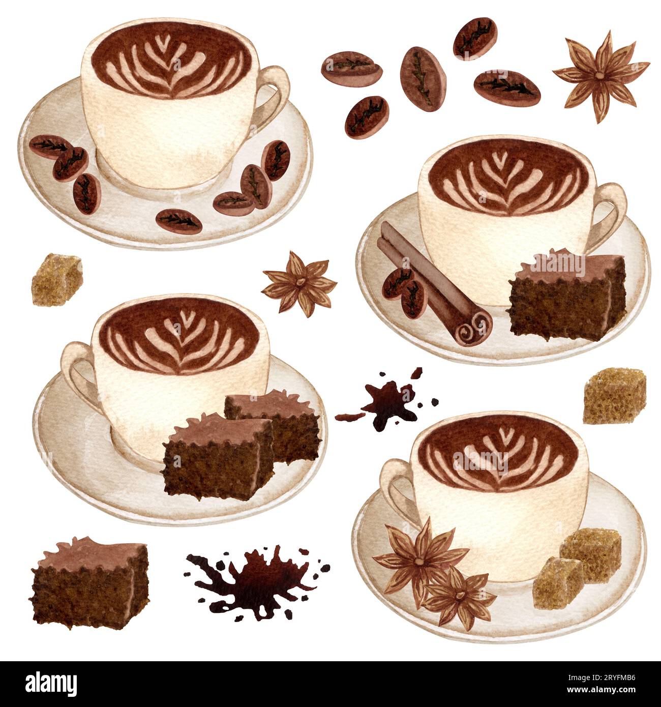 Set de café aquarelle avec différentes boissons chaudes. latte, cappuccino, chocolat chaud, caramel macciato à la cannelle et au chocolat Banque D'Images Set de café aquarelle avec différentes boissons chaudes. latte, cappuccino, chocolat chaud, caramel macciato à la cannelle et au chocolat Banque D'Images