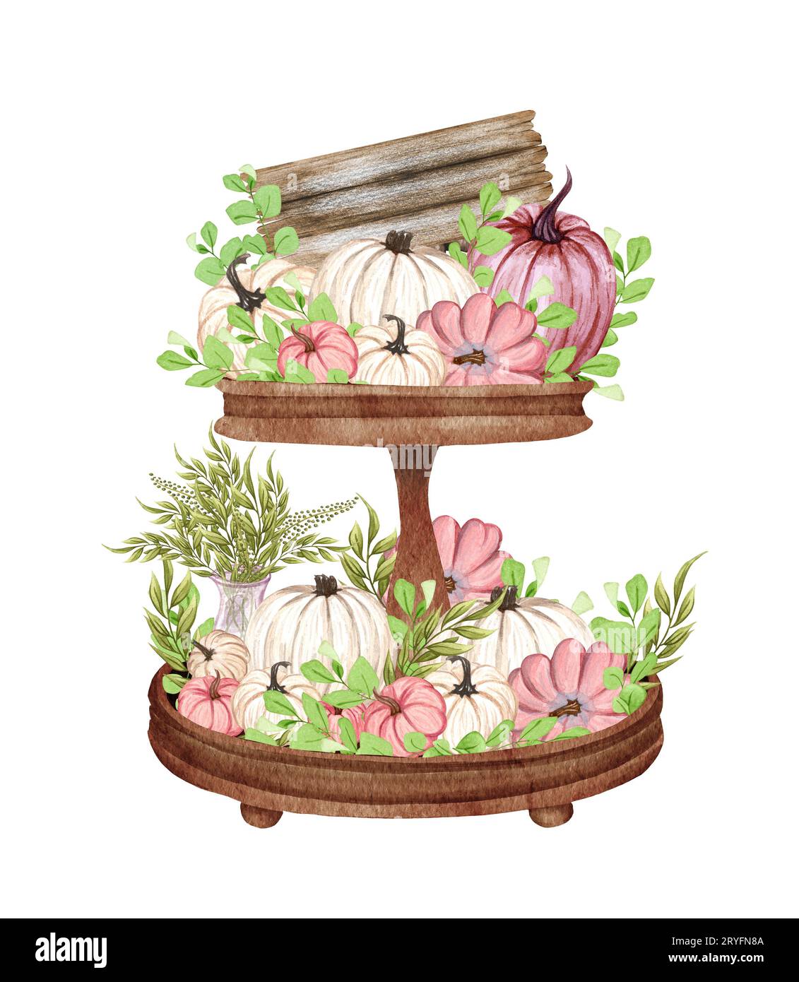 Panneau de bois avec décor de plateau à deux niveaux à l'esthétique de ferme tendance rempli de citrouilles roses. Style ferme aquarelle Banque D'Images