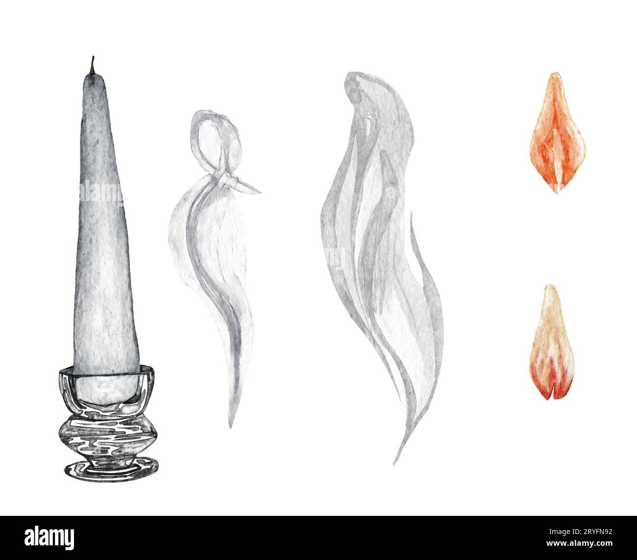 Aquarelle illustration dessinée à la main avec des bougies et de la fumée sur blanc Banque D'Images