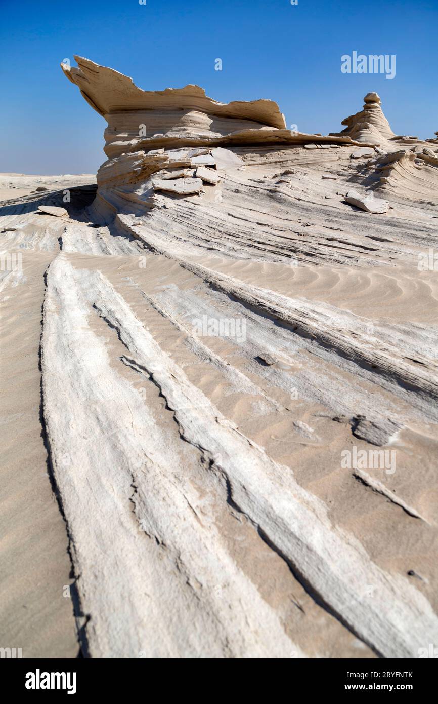 Dunes fossiles à Abu Dhabi, zone environnementale naturelle unique. Lignes d'attaque dans un cadre vertical. Banque D'Images