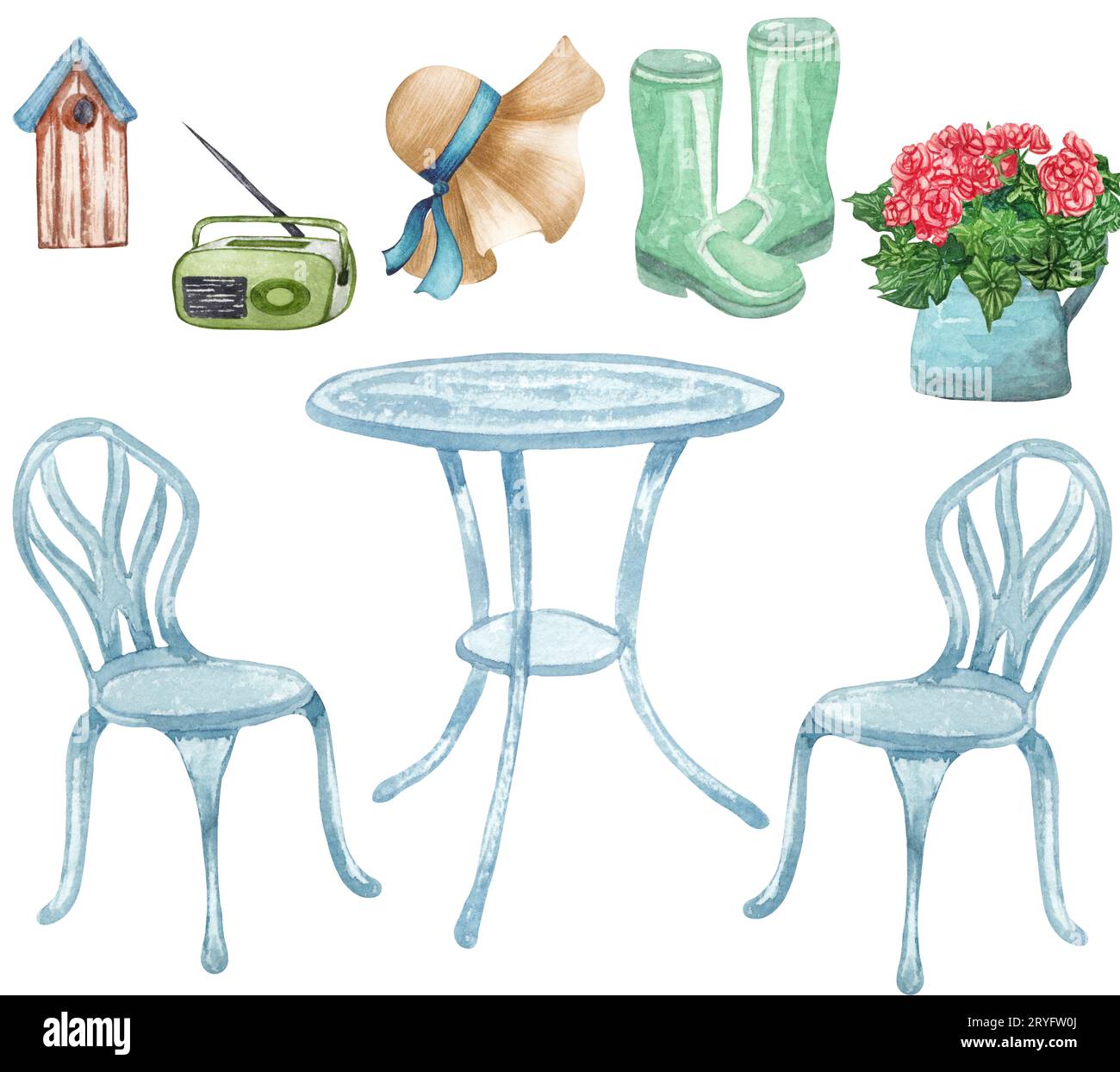 Ensemble aquarelle de table d'objets de jardin avec chaise, bottes en caoutchouc, arrosoir, pot de fleurs, chapeau, radio. Outils de jardinage. Ressort ga Banque D'Images
