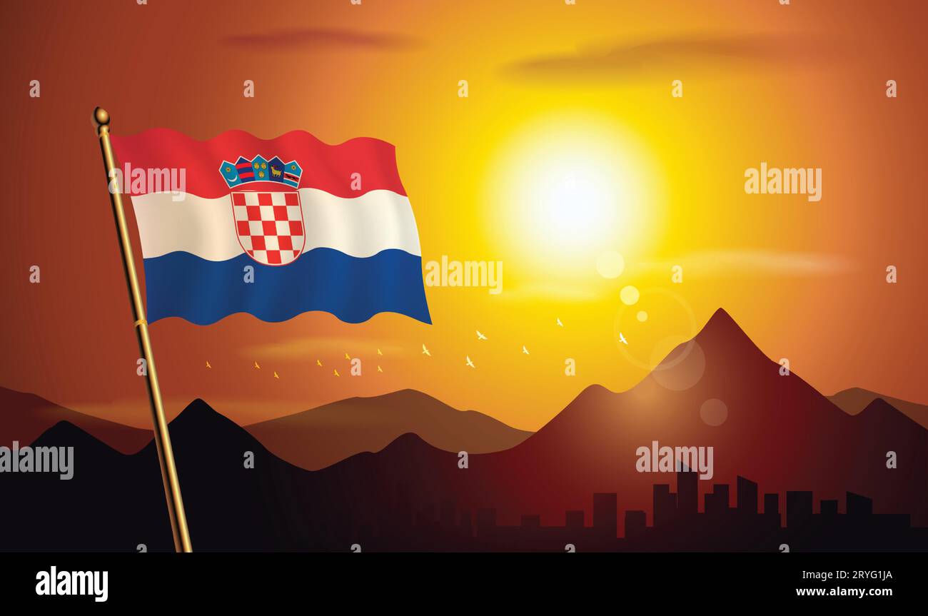 Drapeau de la Croatie avec fond de coucher de soleil des montagnes et des lacs Illustration de Vecteur