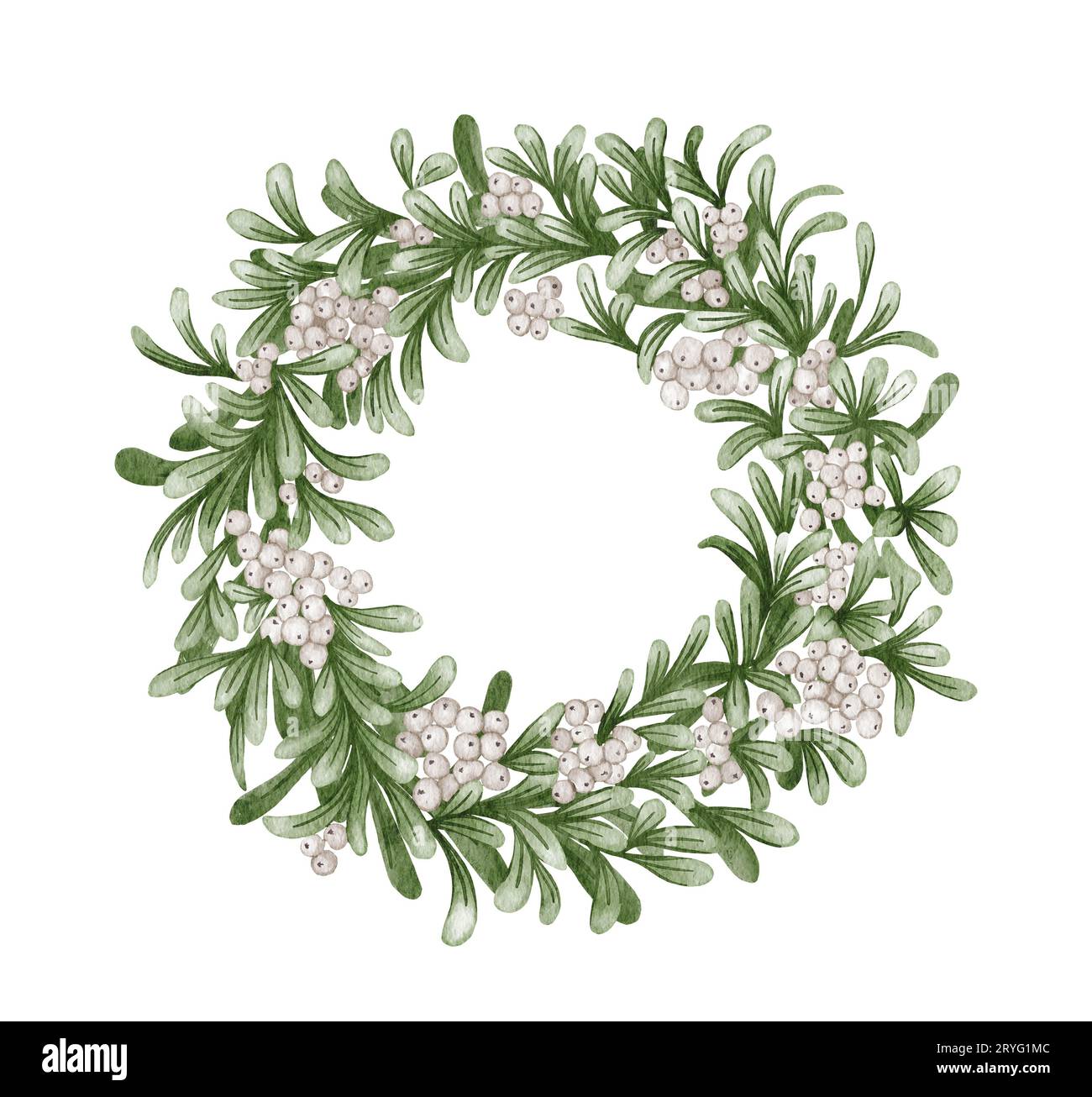 Couronne florale de Noël aquarelle. Cadre botanique au décor végétal traditionnel : GUI, feuilles d'eucalyptus et berrie blanche Banque D'Images