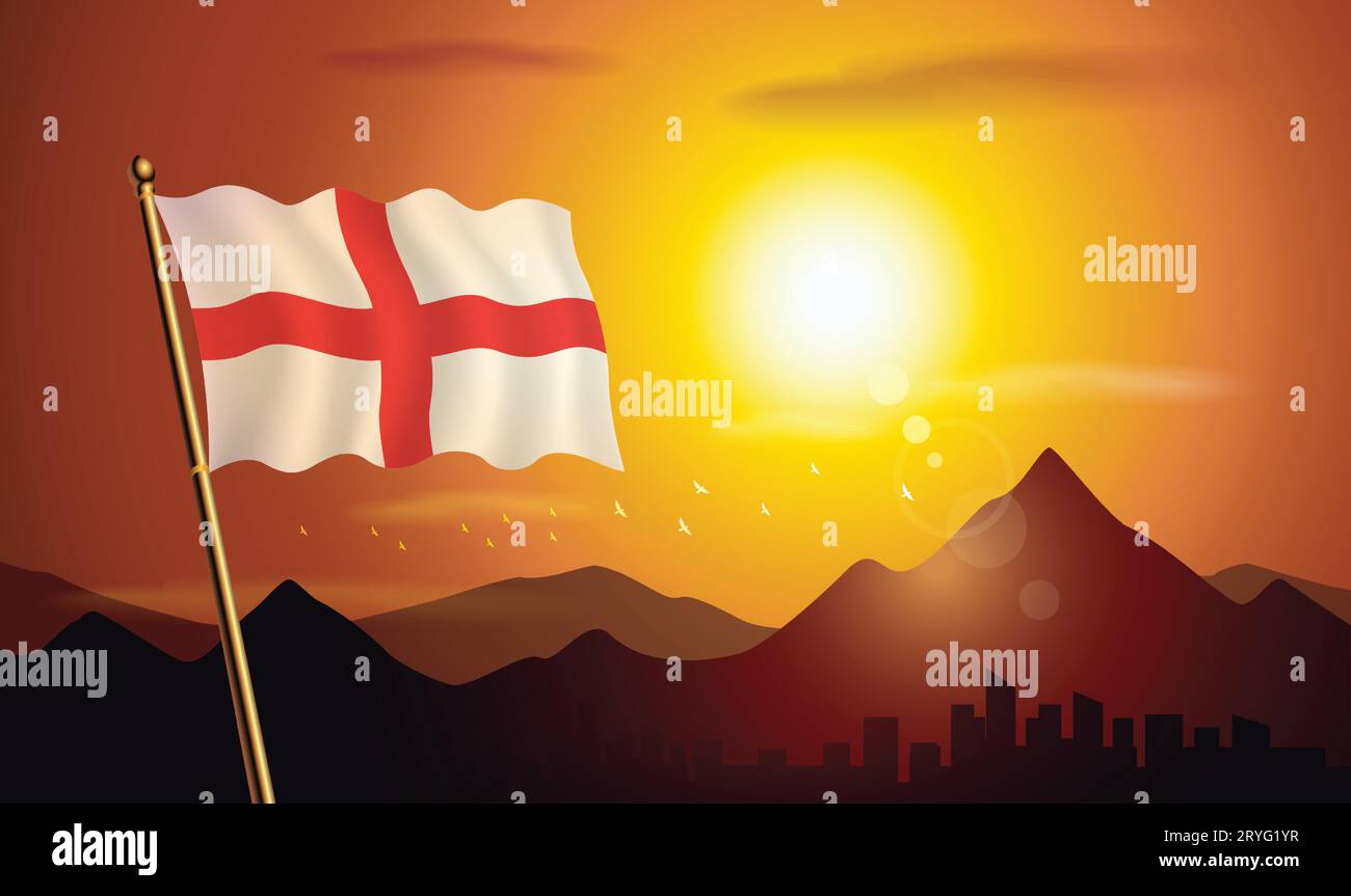 Drapeau de l'Angleterre avec fond de coucher de soleil des montagnes et des lacs Illustration de Vecteur