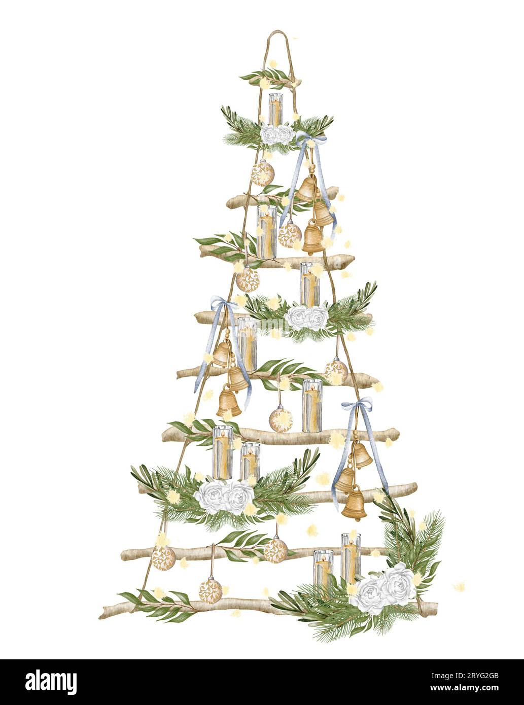 Sapin de Noël moderne. Échelle en bois avec lumières de noël, pomme de pin, firry. Illustration à l'aquarelle. Arbre de Noël ferme i Banque D'Images