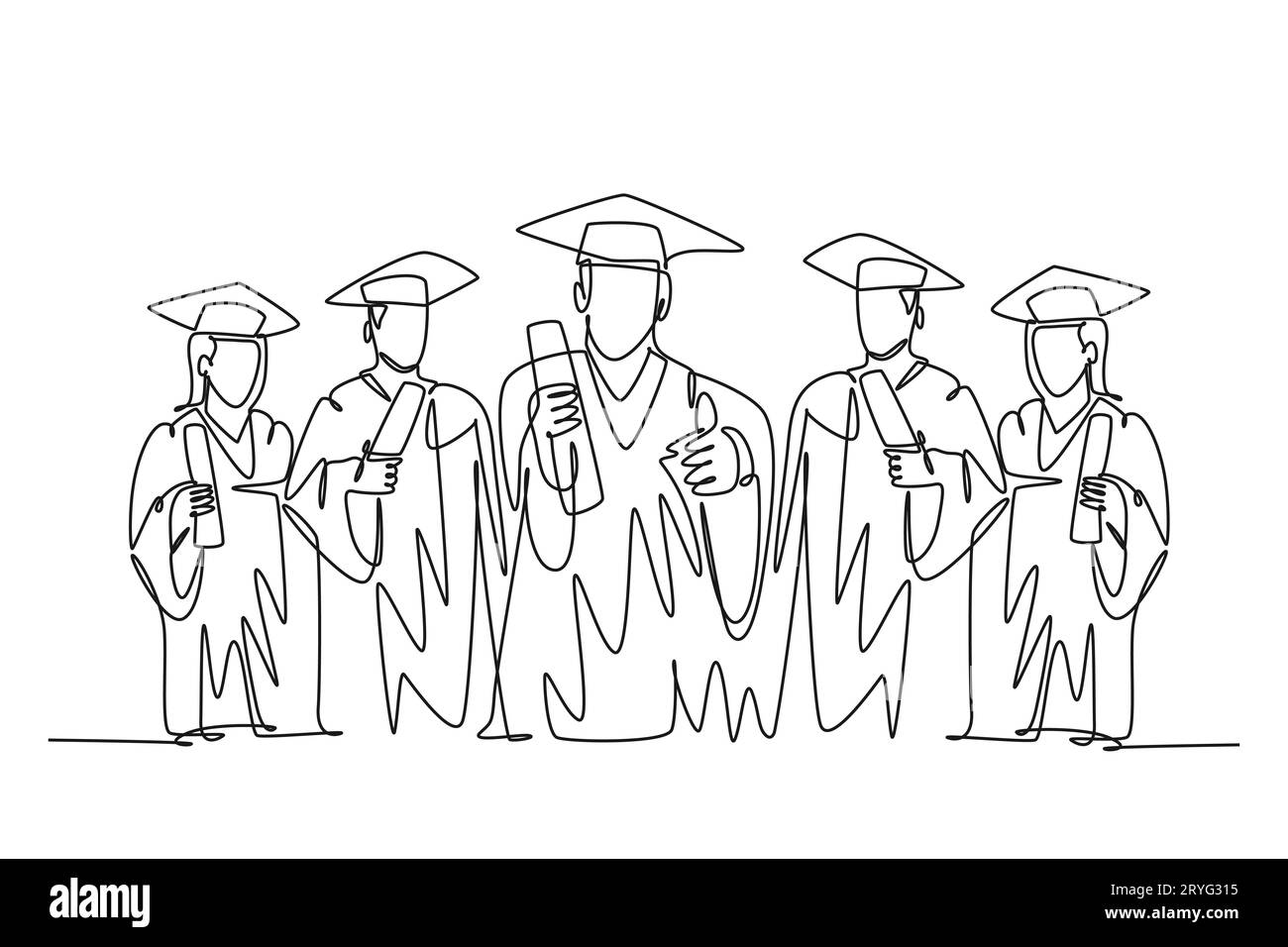 Groupe de dessin continu d'une ligne d'étudiants diplômés heureux mâle et femelle portant une robe et tenant le papier de certificat de diplôme. Éducation. Sin Banque D'Images