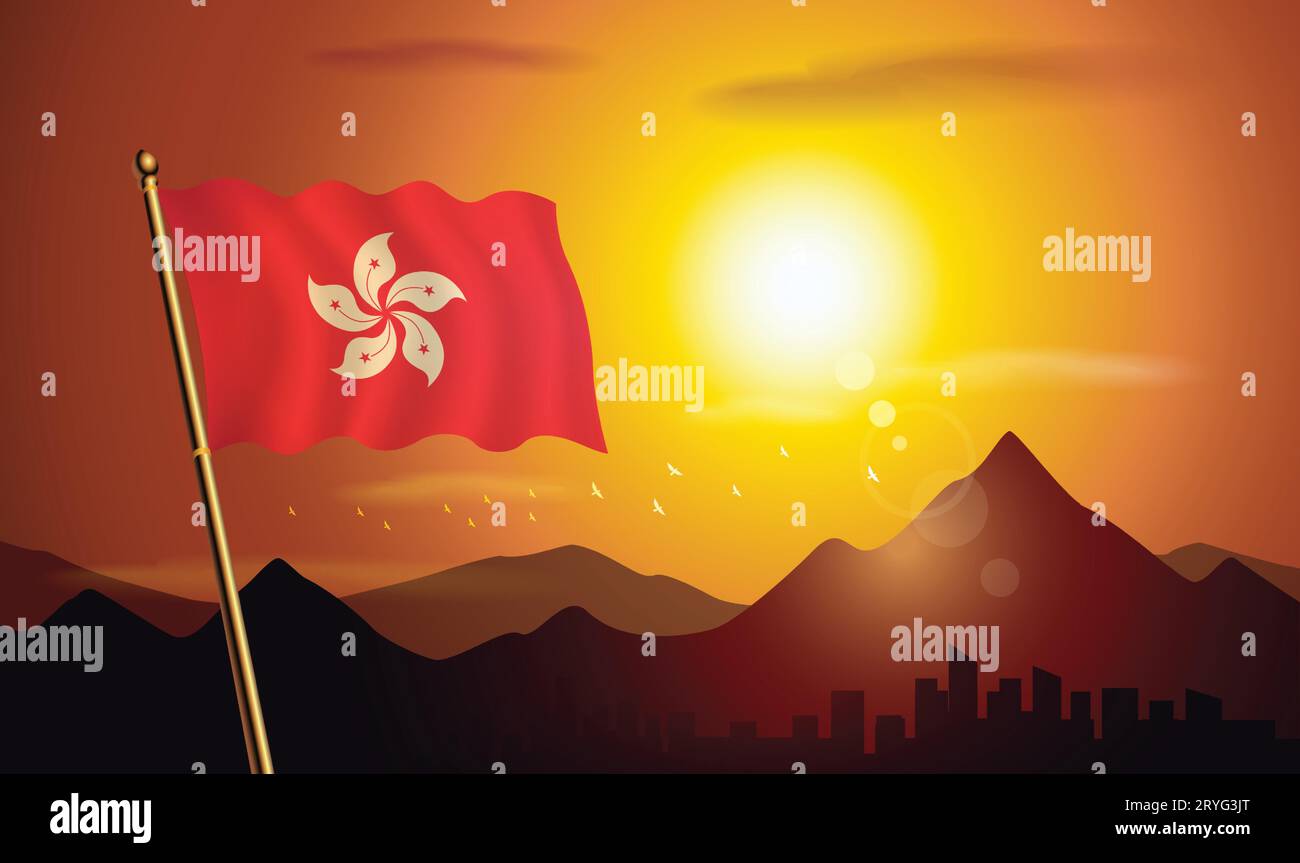 Drapeau de Hong Kong avec fond de coucher de soleil des montagnes et des lacs Illustration de Vecteur