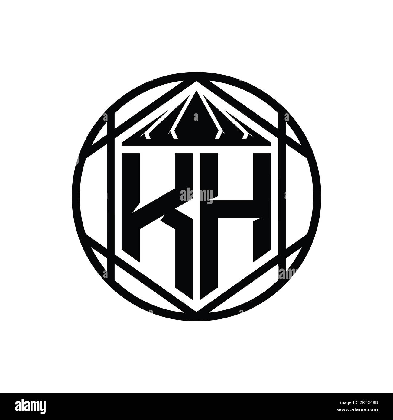 KH Letter logo monogramme hexagone tranche couronne pointue forme de bouclier cercle isolé modèle de conception de style abstrait Banque D'Images