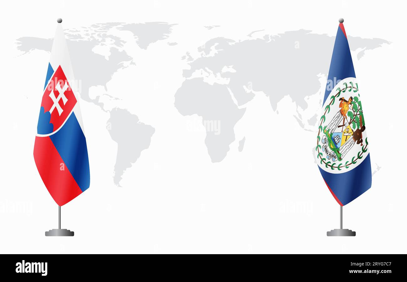 Drapeaux de la Slovaquie et du Belize pour la réunion officielle sur fond de carte du monde. Illustration de Vecteur