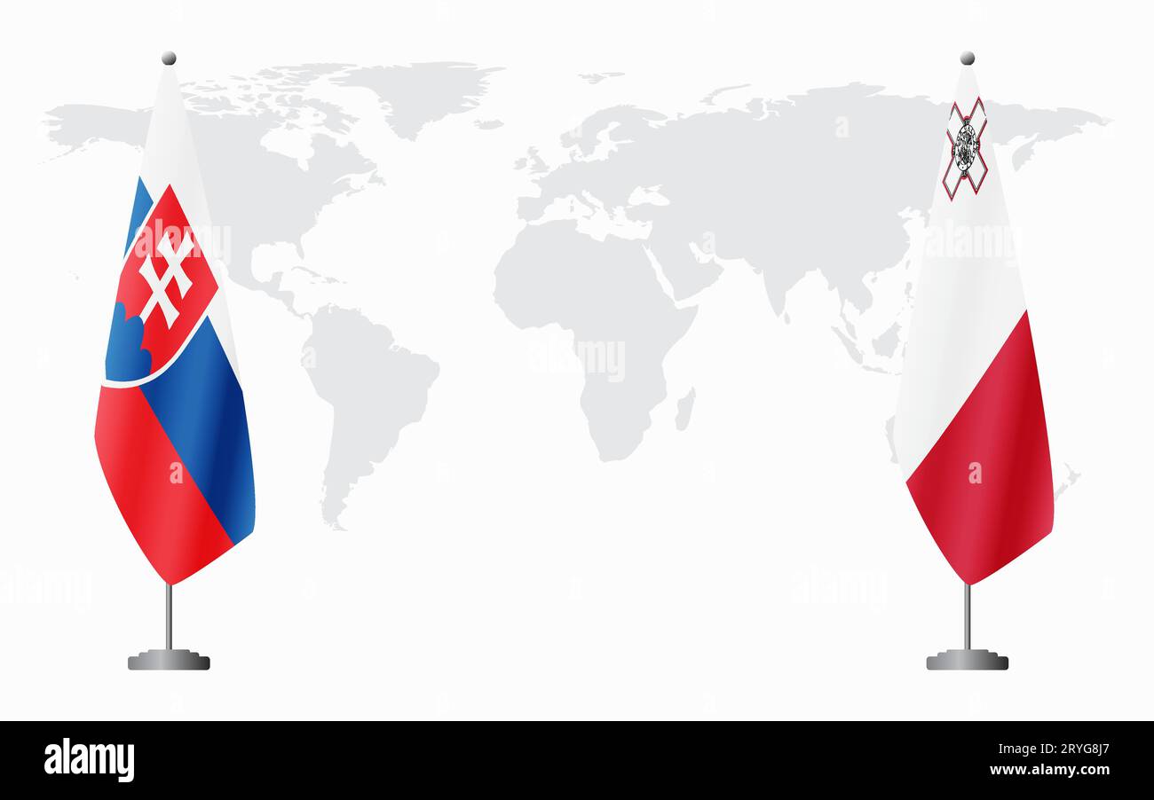 Drapeaux de la Slovaquie et de Malte pour la réunion officielle sur fond de carte du monde. Illustration de Vecteur