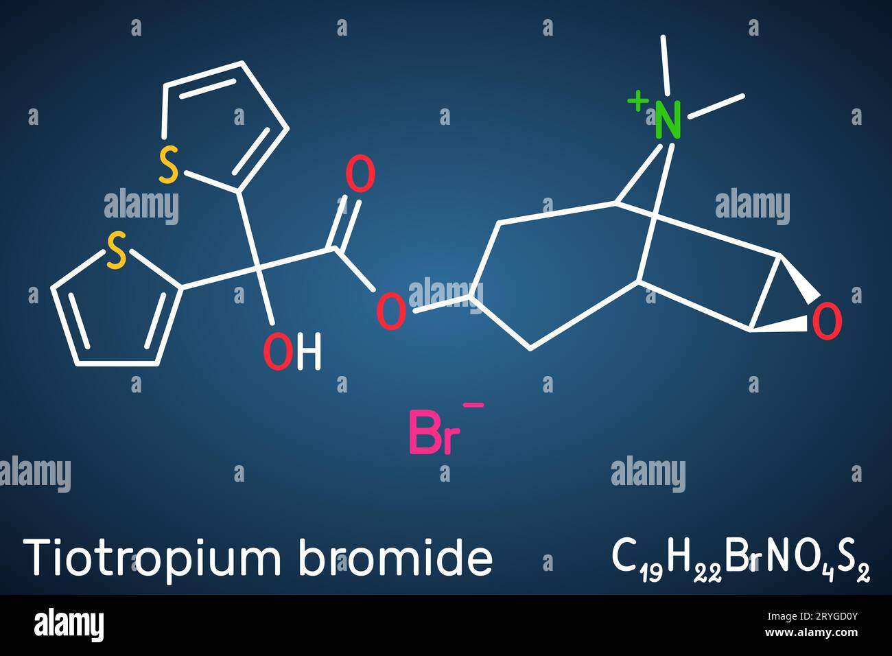 Molécule de bromure de tiotropium. Formule chimique structurale sur fond bleu foncé. Illustration de Vecteur