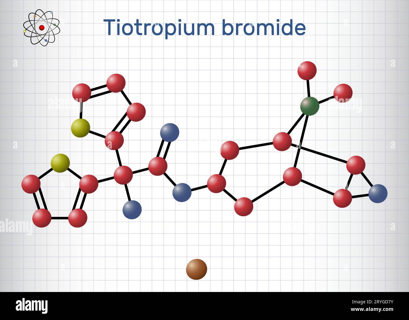 Molécule de bromure de tiotropium. Formule chimique structurale, modèle moléculaire. Feuille de papier dans une cage Illustration de Vecteur