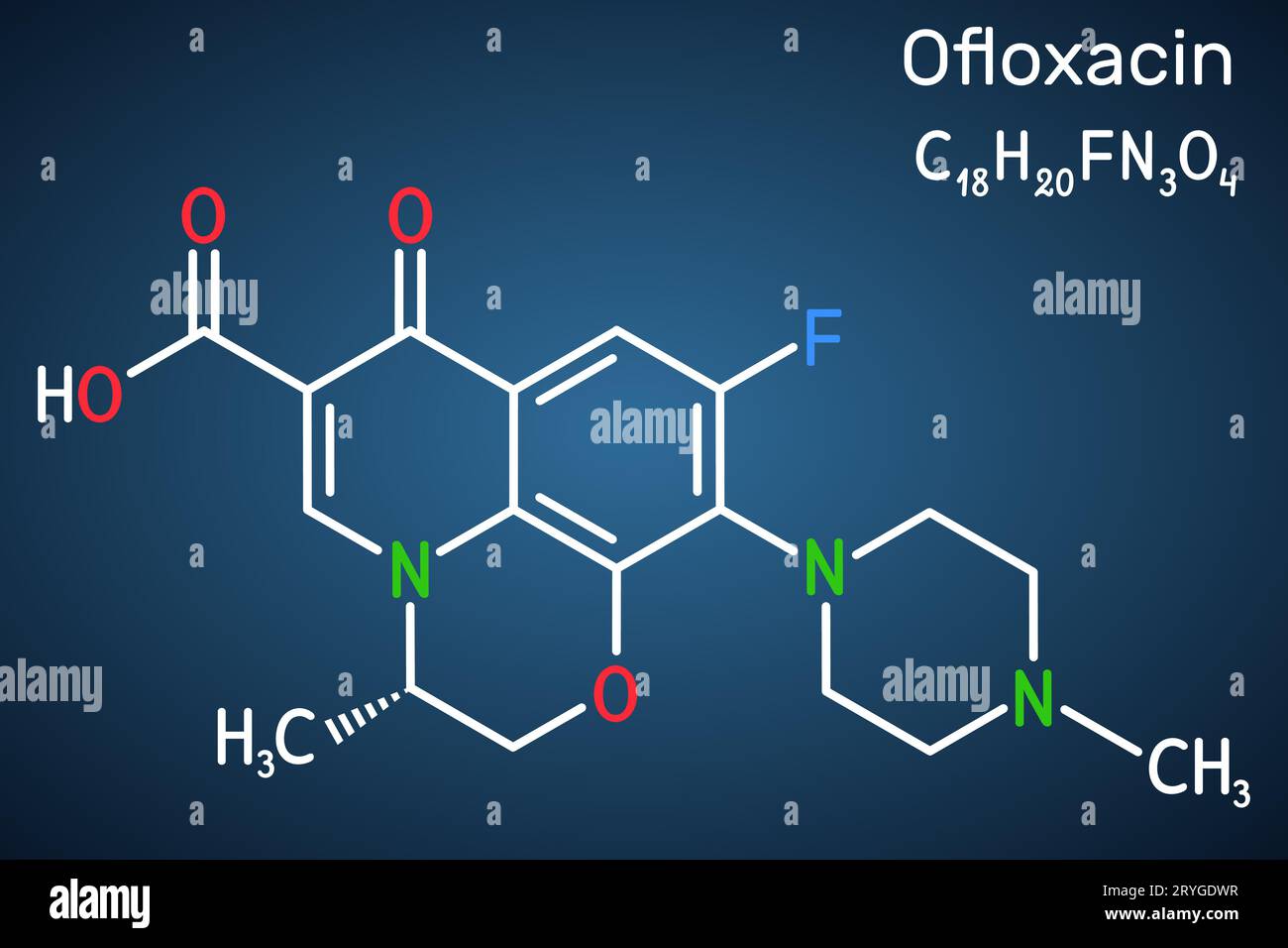 Molécule de fluoroquinolone d'ofloxacine. C'est un antibiotique quinolone, un médicament antibactérien. Formule chimique structurale sur fond bleu foncé Illustration de Vecteur