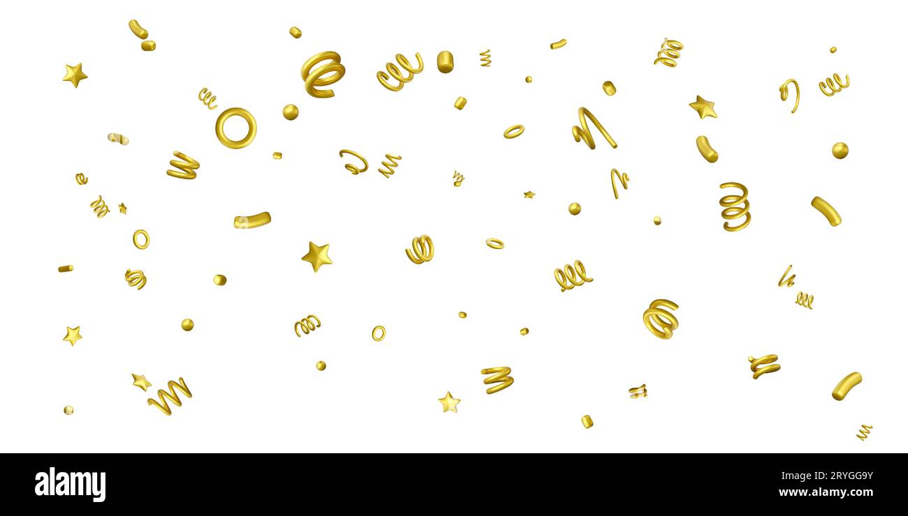 Étoiles de confettis dorés, spirales, rubans. Modèle de confettis 3D isolé sur fond blanc. Fond festif. Illustration vectorielle Illustration de Vecteur