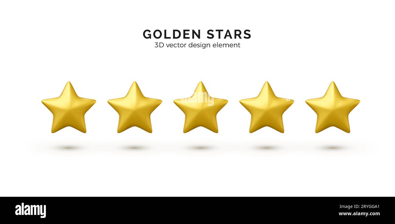 Cinq étoiles dorées. Étoiles 3D notation couleurs jaunes. Concept de rétroaction d'évaluation de client du client au sujet de l'employé du site Web. Icône de l'application mobile. Vecto Illustration de Vecteur