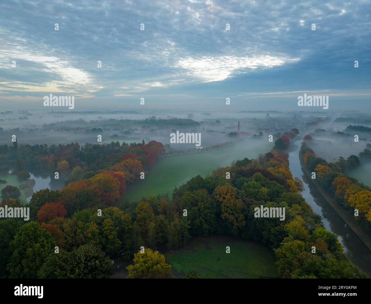 Vue aérienne des arbres brumeux dans le champ au lever du soleil coloré en automne. Paysage coloré avec forêt dans les nuages bas, rivière, prairie i Banque D'Images