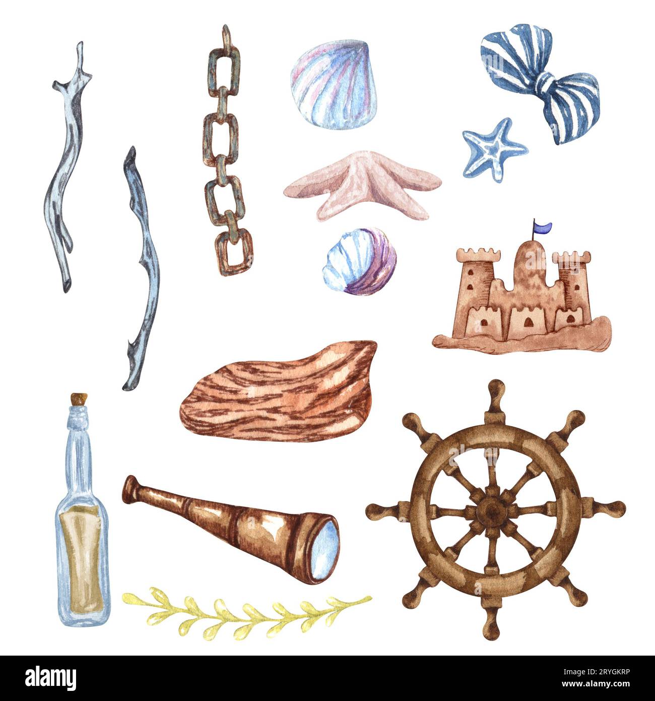Magnifique ensemble nautique Aquarelle. Inclure phare, ancre, coraux, algues, baleine, obus, volant et anneau de bouée Banque D'Images