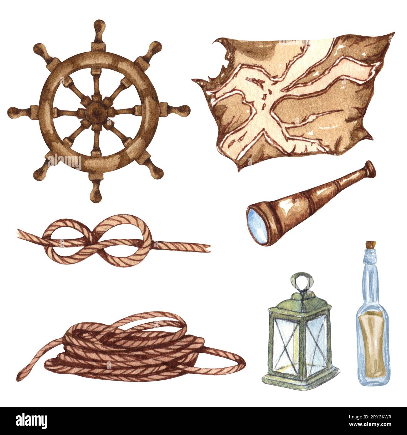 Magnifique ensemble nautique Aquarelle. Inclure phare, ancre, coraux, algues, baleine, obus, volant et anneau de bouée Banque D'Images