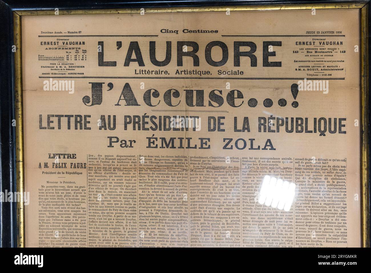 Emile Zola 'J'accuse!' Publié dans le journal l'Aurore le 13 janvier 1898 Banque D'Images