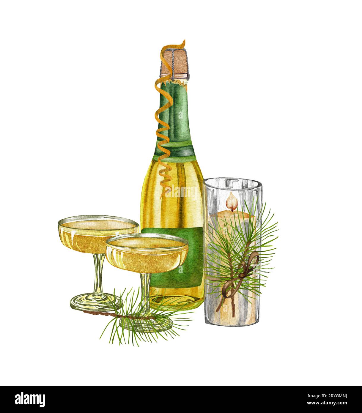 Bouteille de champagne aquarelle et verres avec décorations de noël. Vin mousseux blanc, illustration de boisson alcoolisée Banque D'Images