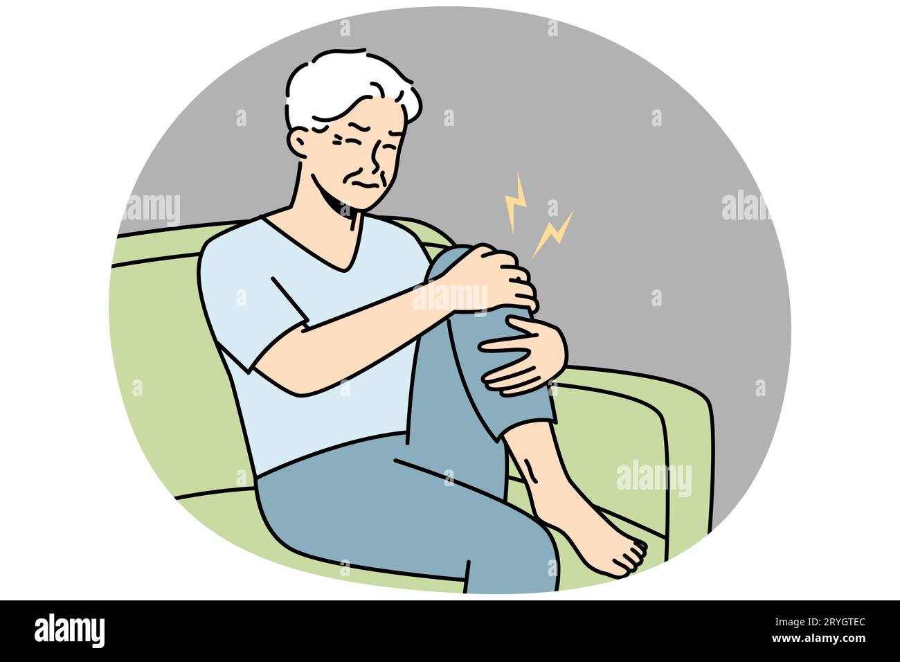 Un vieil homme malsain assis sur un canapé souffre de douleurs au genou. Le grand-père âgé malade est aux prises avec les rhumatismes. Illustration vectorielle. Illustration de Vecteur