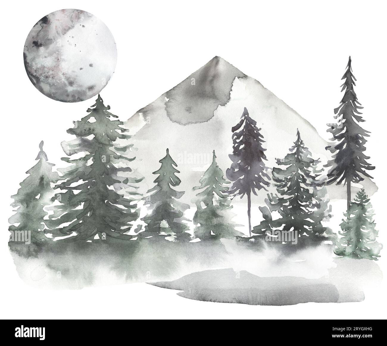 Arbres de forêt aquarelle, lune et montagne frontière sans couture, frontière de répétition de bois, composition des arbres, cadre de nature d'hiver Banque D'Images