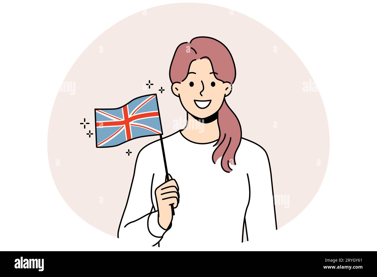 Jeune femme souriante tenant le drapeau britannique entre les mains. Bonne femme avec le signe national britannique. Illustration vectorielle. Illustration de Vecteur