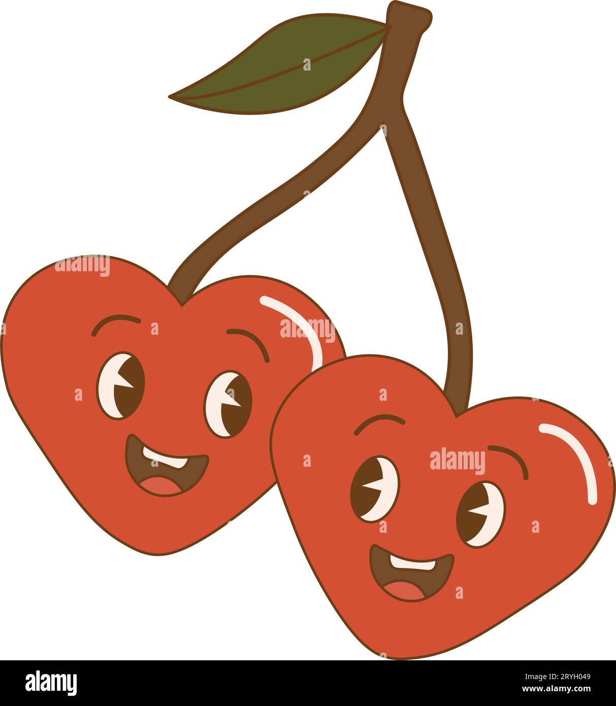 Drôle de couple de cerises en forme de coeurs dans un style rétro. Bonne Saint Valentin. Aimer illustration dans la conception plate. Deux baies heureuses des années 70 en forme de h. Illustration de Vecteur