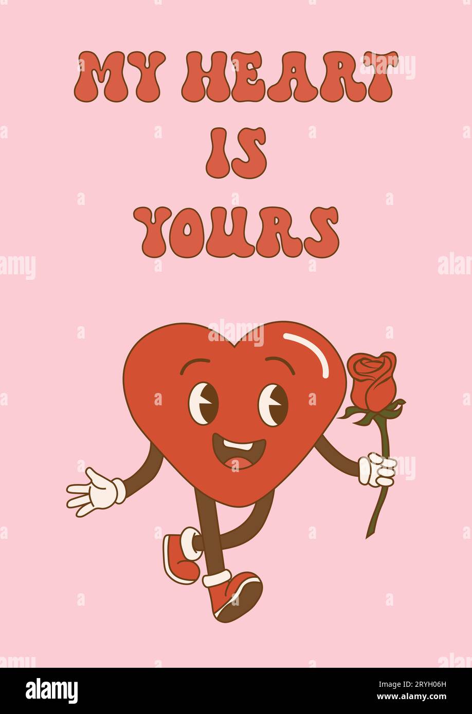 Affiche rétro Groovy Lovely Heart. Coeur rétro groovy. Hippie Happy Heart dans le style de dessin animé rétro.Saint Valentin. Coeur vintage. Illustration vectorielle Illustration de Vecteur