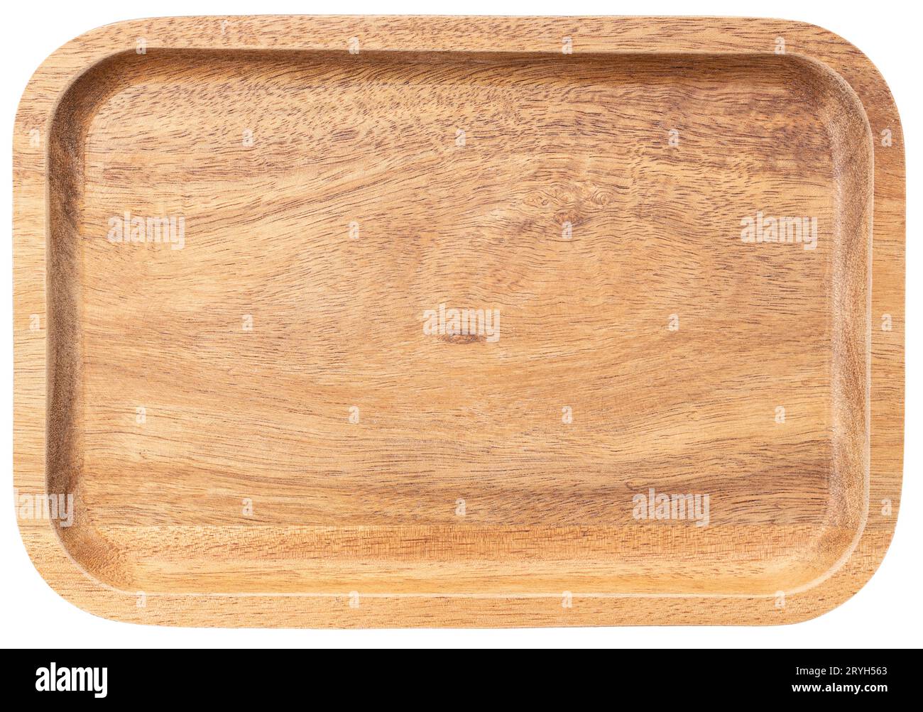 Plaque ou plateau en bois rectangulaire vide isolé sur fond blanc. Vue de dessus Banque D'Images