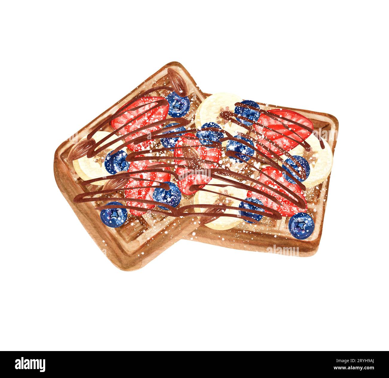 Aquarelle dessin main Belgique gaufré éléments isolés. Ensemble de pâtisseries. Illustration de la description des menus. Banque D'Images