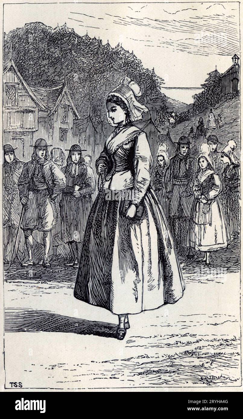 Gravure d'une jeune femme face aux critiques et regards de ses semblables alors qu'elle se promène dans le village Banque D'Images