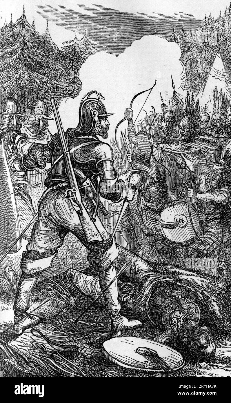 Gravure d'Un conquistador espagnol combattant des indiens en Amérique du Sud, vers 1500, publiée en 1880 Banque D'Images