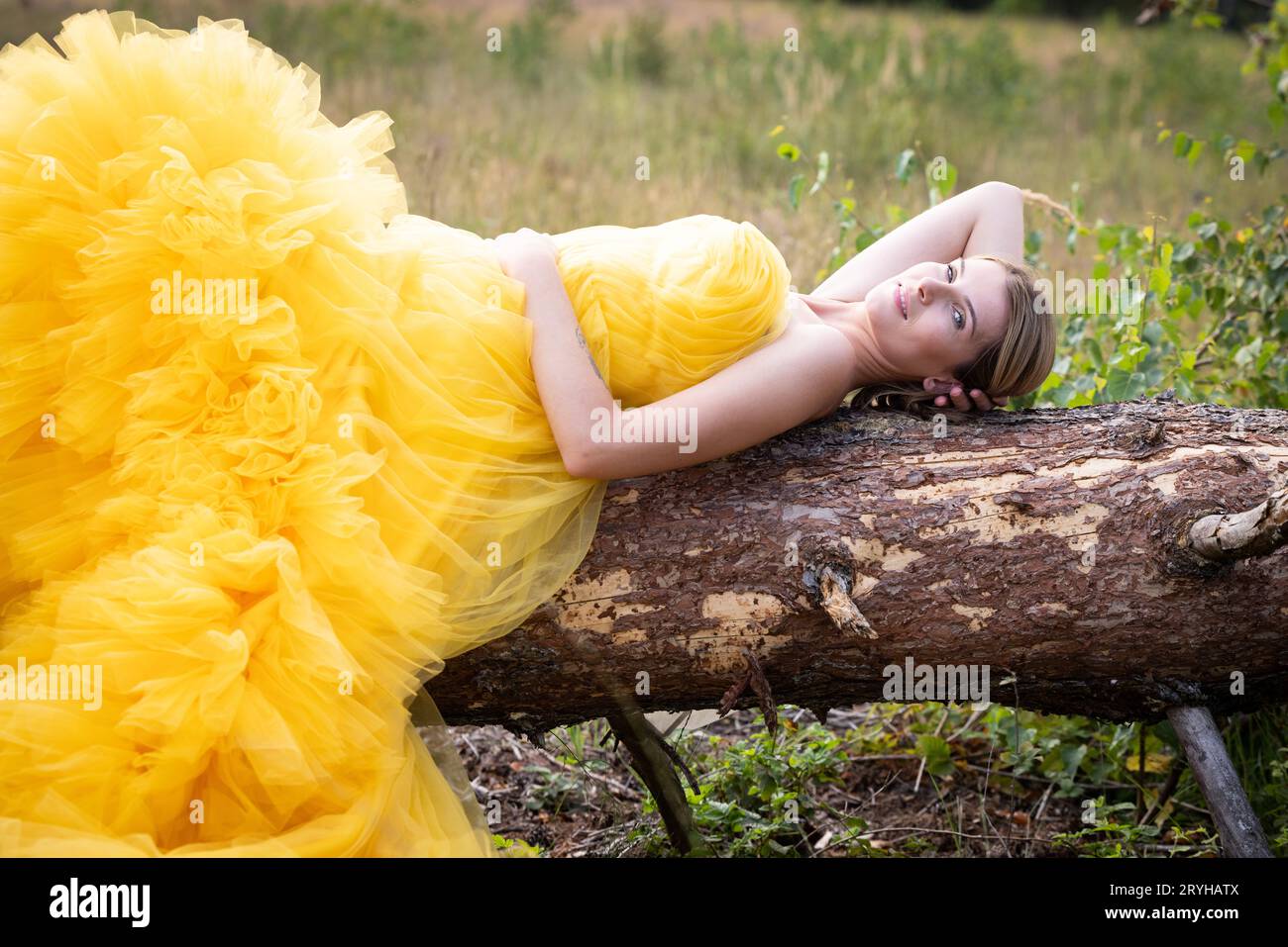 Une fille fragile et tendre dans une robe vintage jaune couchée sur un arbre tombé. Fond d'une forêt verte mystique. Artistique P Banque D'Images