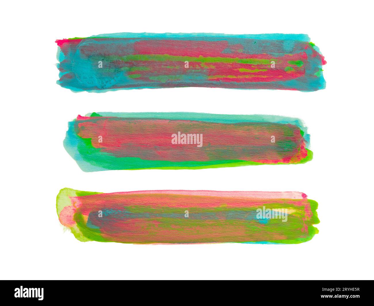 Rayures de peinture acrylique mélangée bleue, rouge et verte sur fond blanc avec chemin de détourage Banque D'Images