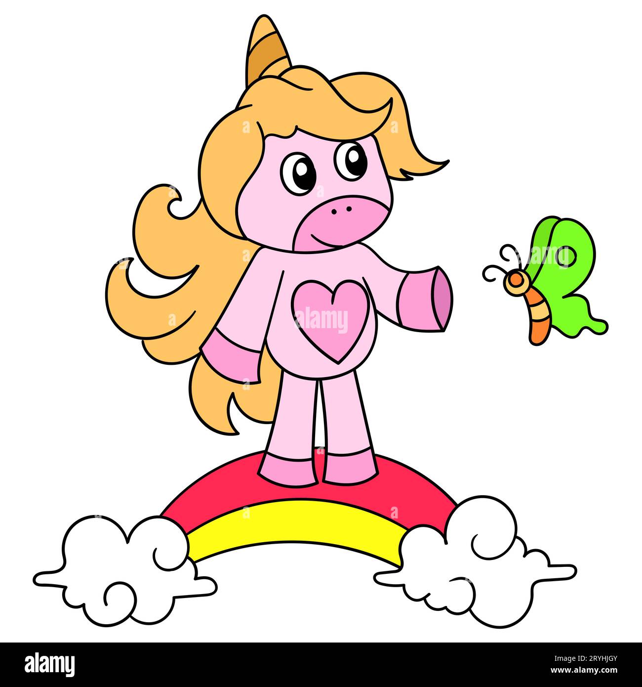 une licorne mignonne avec des cornes debout sur le dessus de l'arc-en-ciel du ciel, illustration vectorielle art. doodle icône image kawaii. Banque D'Images
