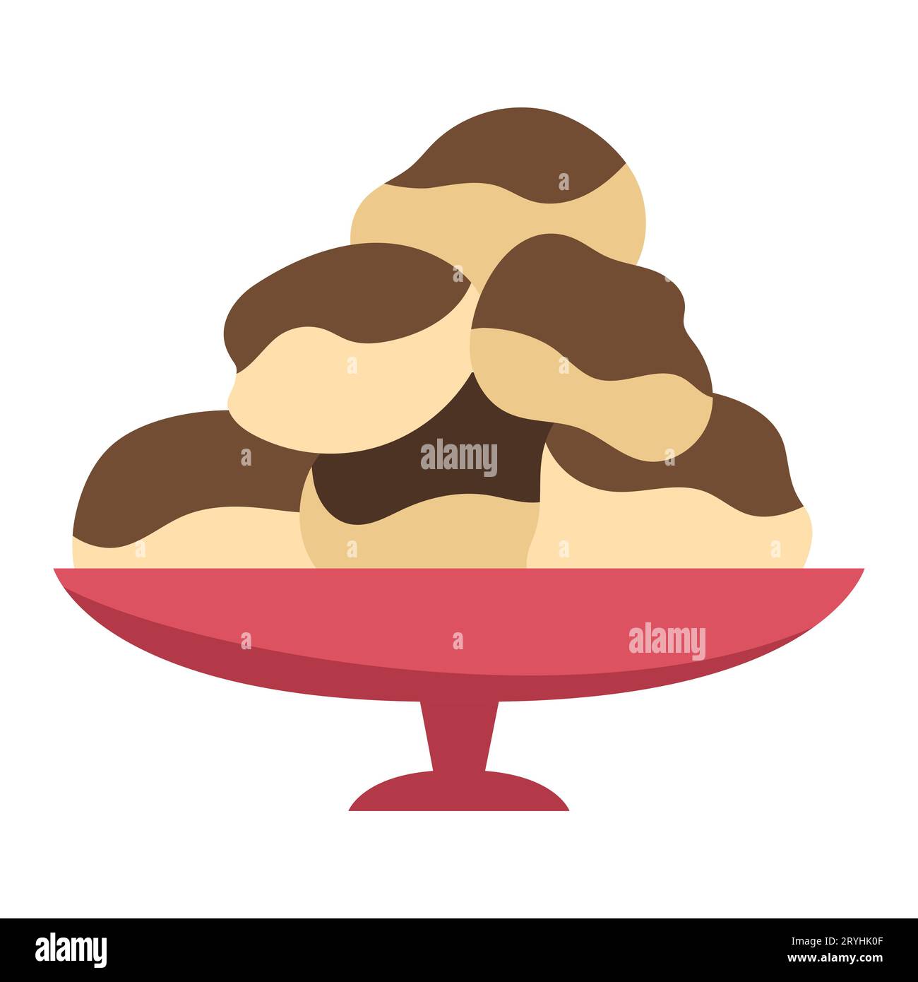 Profiteroles avec icône de glace au chocolat. Dessert français dans une illustration vectorielle de plat. Photo de gâteau isolé sur fond blanc Illustration de Vecteur