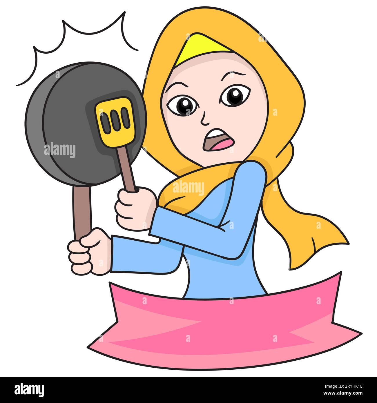 Bannière d'une belle femme hijab islamique portant une poêle et une spatule pour la cuisine, illustration vectorielle art. icône doodle image Kawaii. Banque D'Images