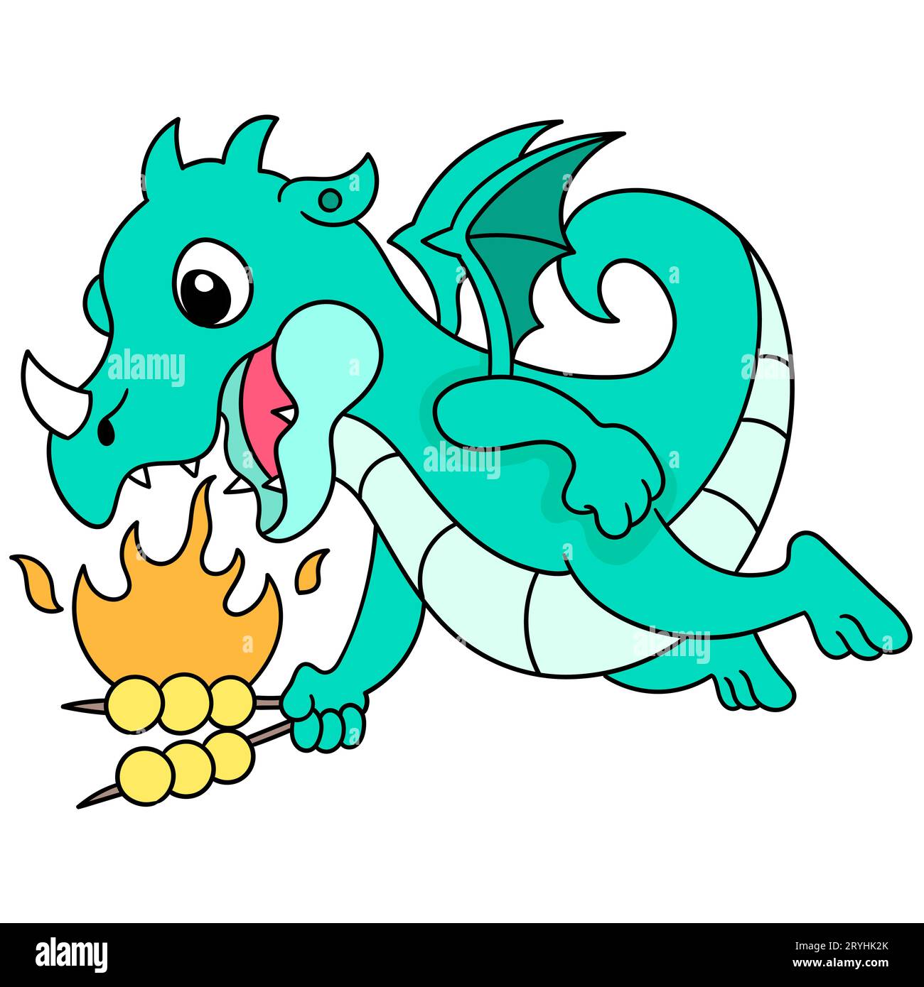 le dragon bleu a volé dans le ciel transportant de la nourriture et le brûlant, illustration vectorielle art. doodle icône image kawaii. Banque D'Images