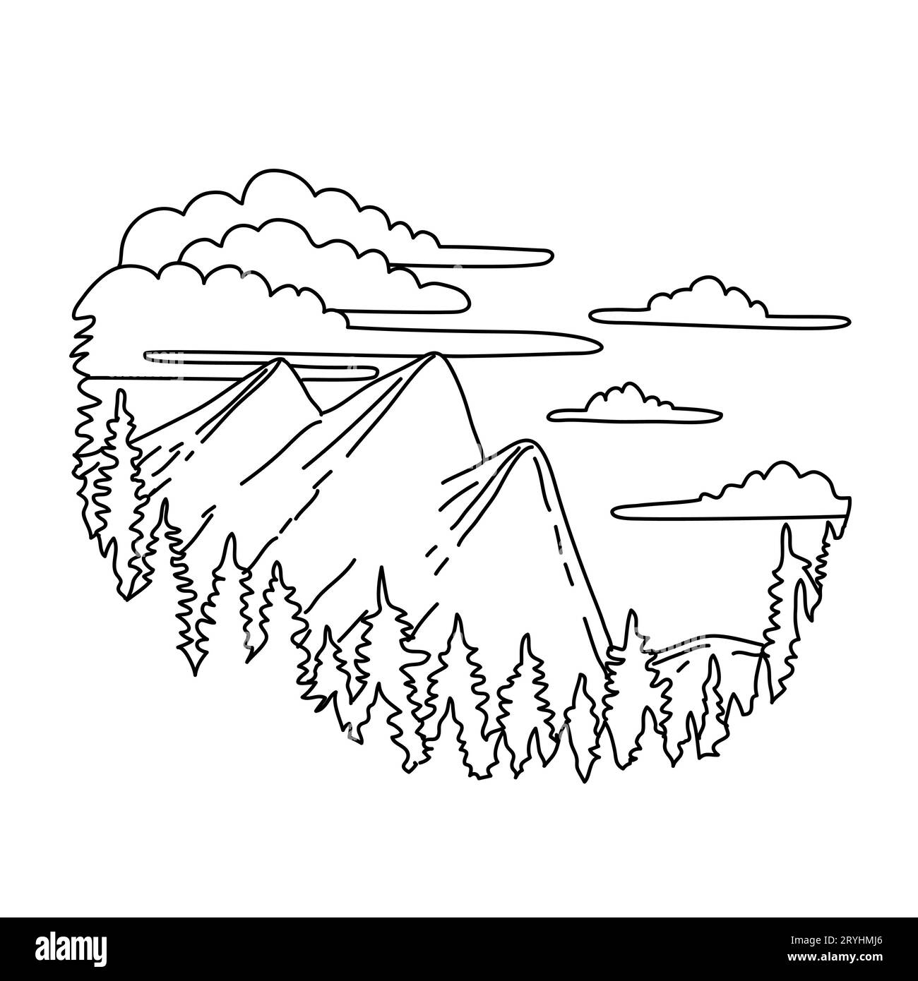 Trois frères dans le parc national de Yosemite Californie Monoline Line Art dessin Banque D'Images