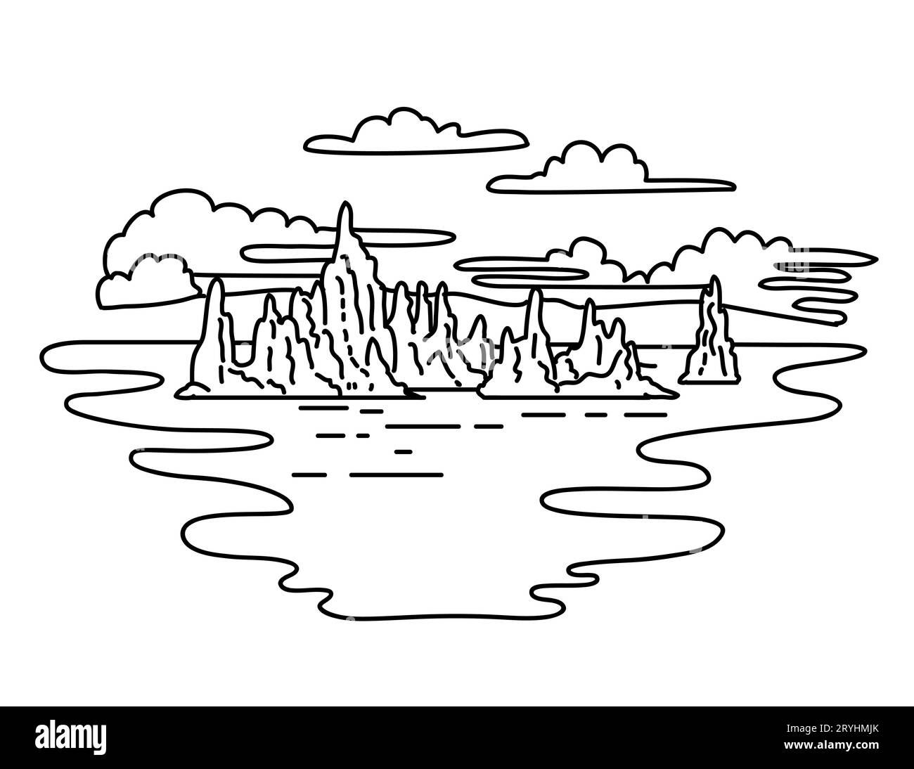 Réserve naturelle d'État de tuf de Mono Lake dans le parc national de Yosemite Monoline dessin d'art Banque D'Images