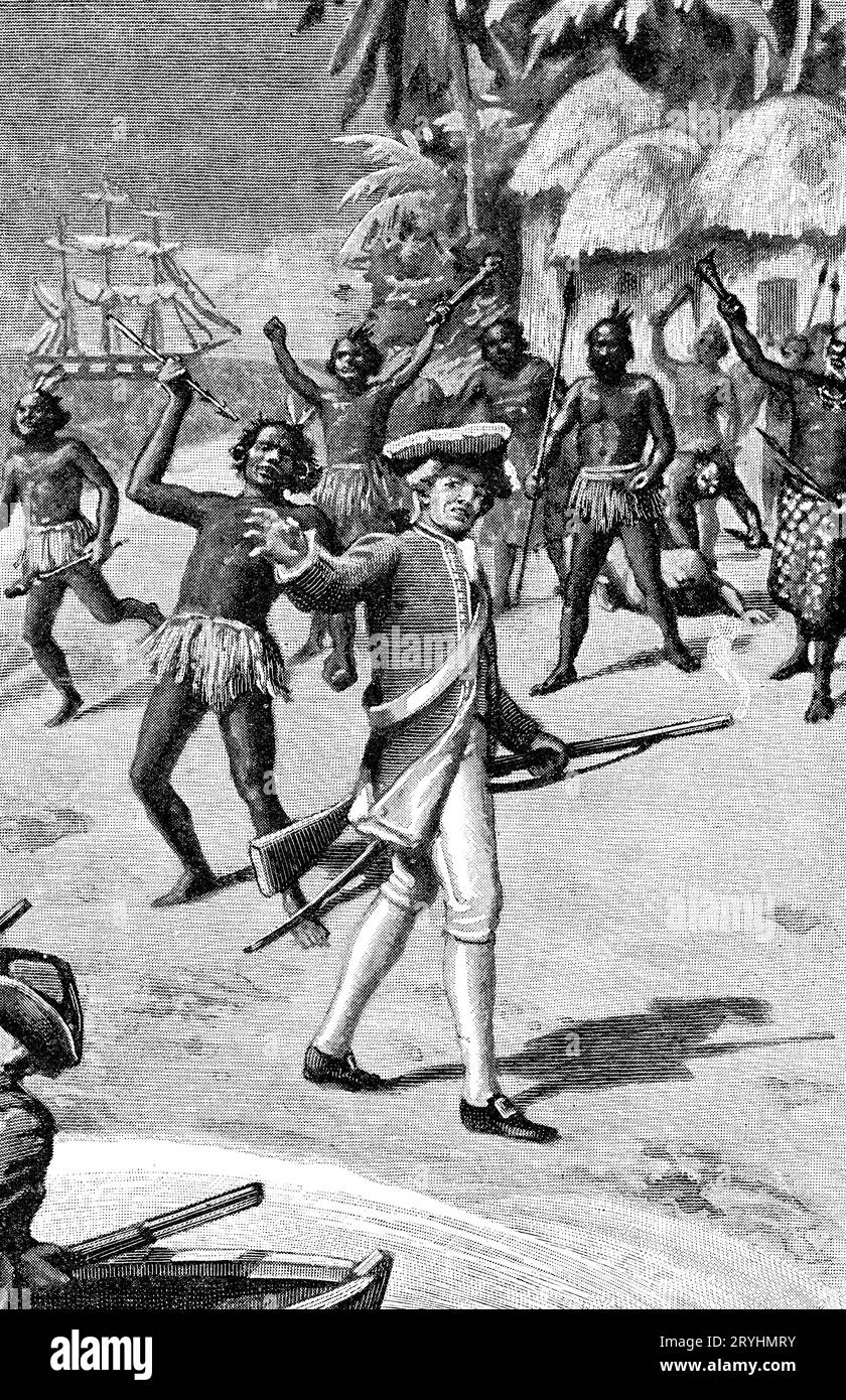 Décès du capitaine Cook, 1779. Le 14 février 1779, l'explorateur anglais, le capitaine James Cook, tente d'enlever Kalaniʻōpuʻu, le chef au pouvoir de l'île d'Hawaï. La décision de le retenir en échange d'un chalutier volé est l'erreur fatale du dernier voyage de Cook, et conduit finalement à sa mort dans la baie de Kealakekua. Banque D'Images