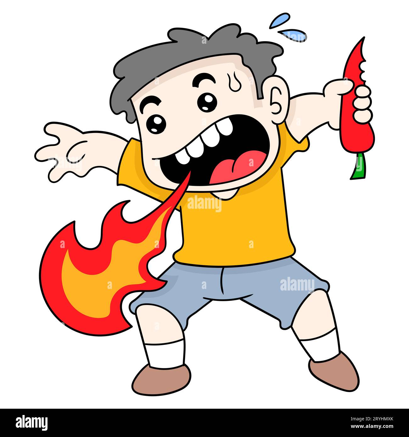 garçon jaillit du feu parce qu'il mange du piment super épicé, illustration vectorielle art. doodle icône image kawaii. Banque D'Images