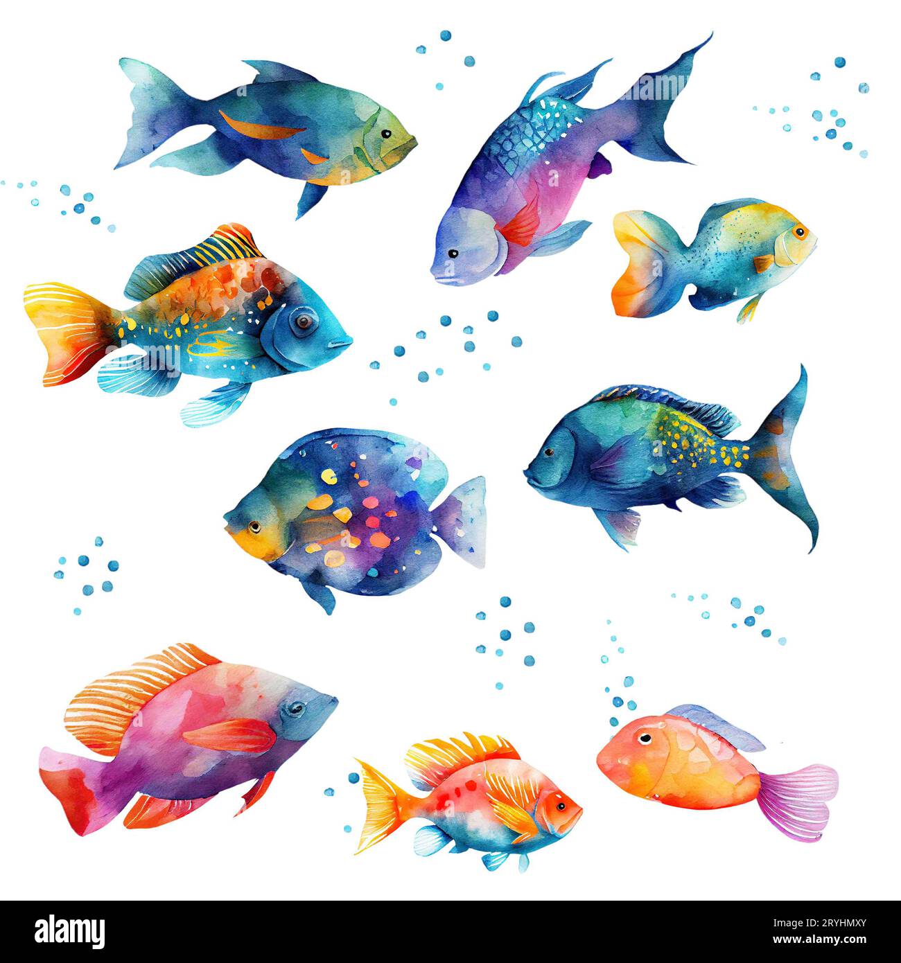 Ensemble de poissons aquarelle. Flame angelfish, Copperband Butterflyfish, masque violet angelfish, Zebra angelfish, Blue Tang, Betta sple Banque D'Images